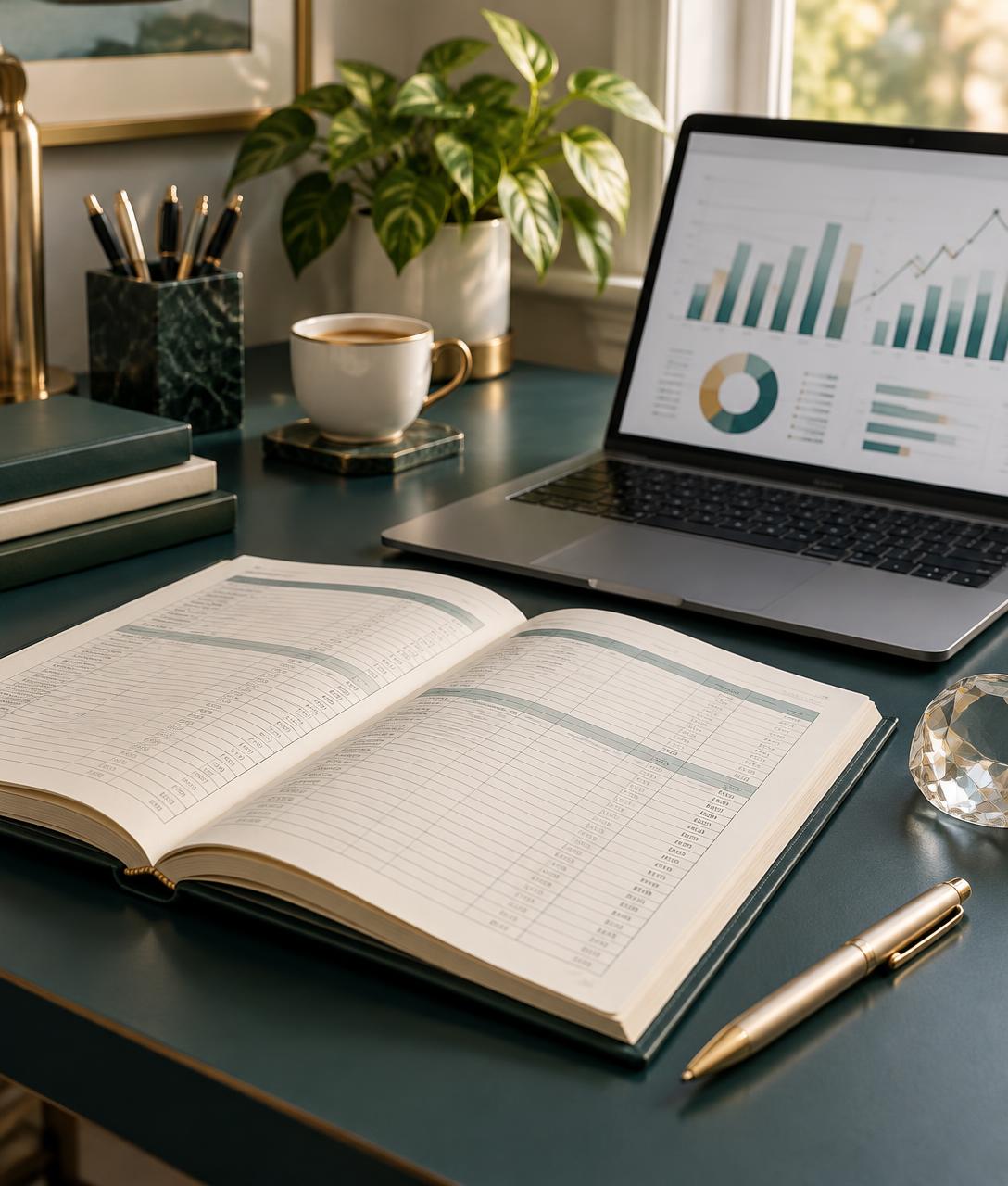A tidy bookkeeping workspace with a ledger and financial reports