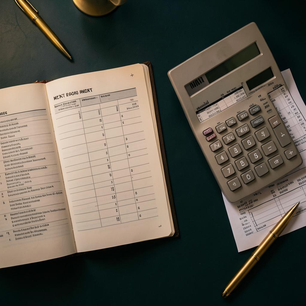 A balanced open ledger with a calculator and bank statements
