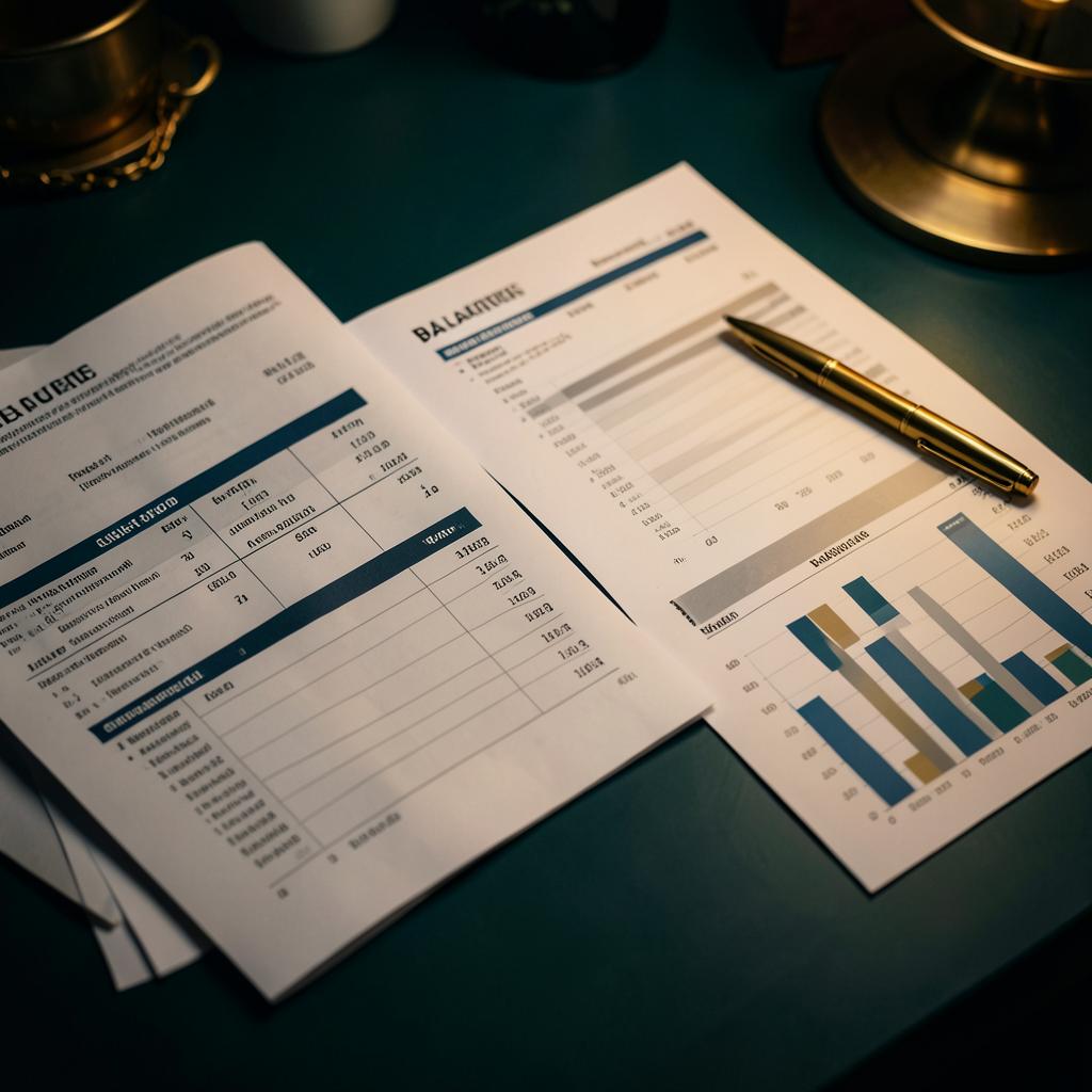 Financial reports with profit and loss statements and charts